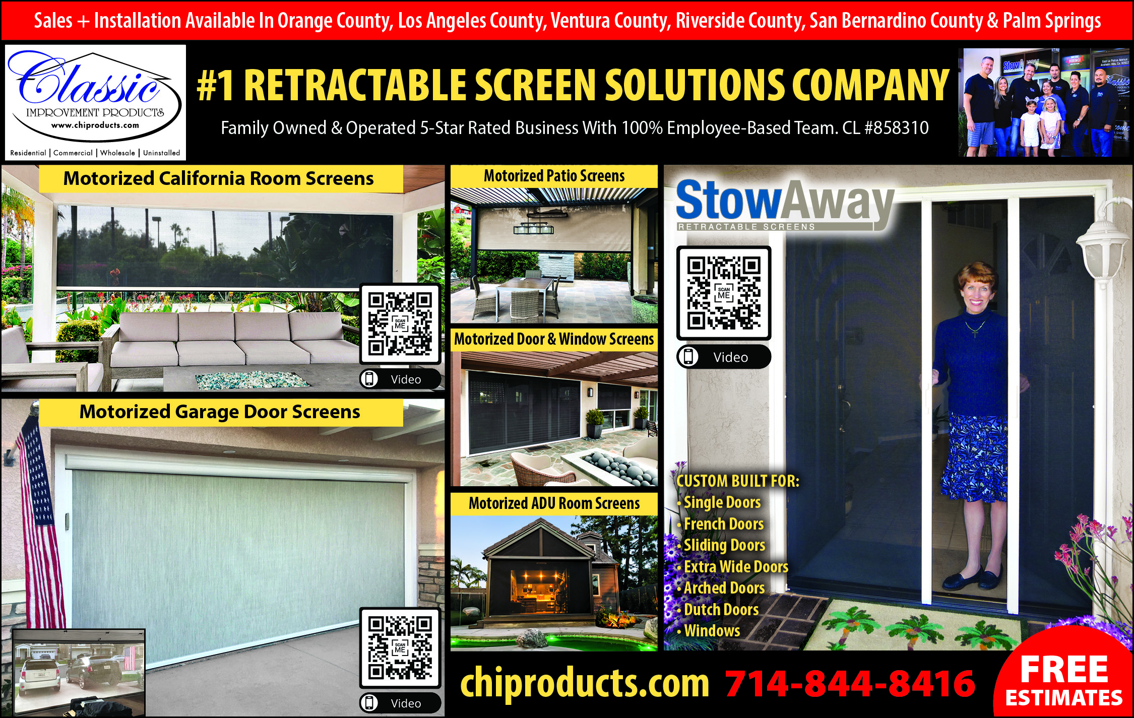 Motorized retractable screens for patios, doors, windows, and garages. Free estimates.