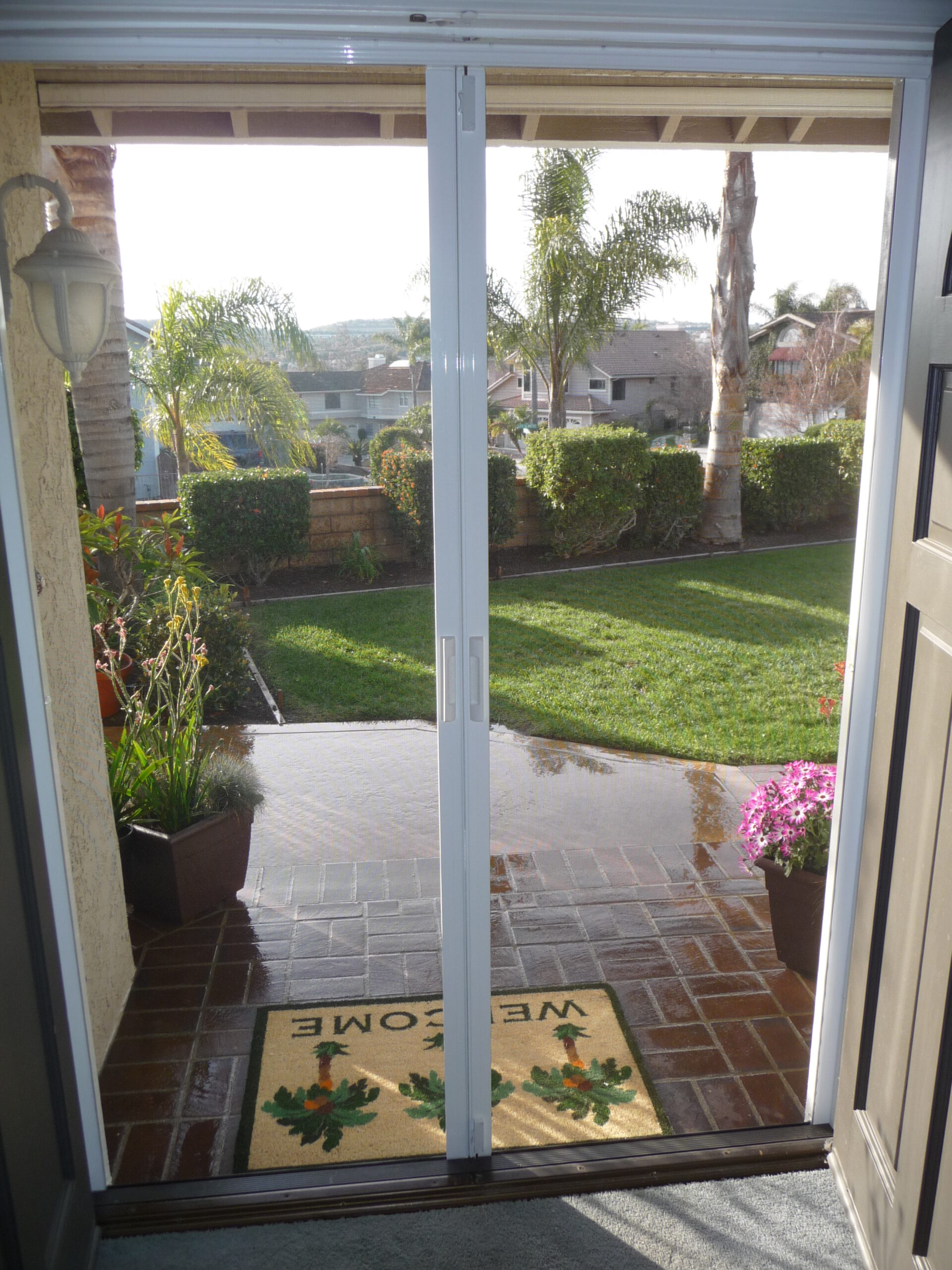 Wet brick patio, white screen door, garden view.